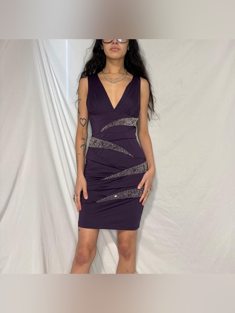 NIKIBIKI Purple Satin Bandage Dress W Silver Beaded Panels - Picture 2 of 8
